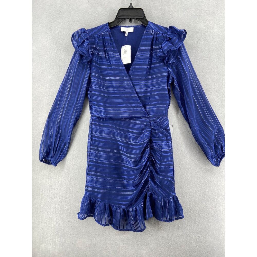 New NSR Dress Womens Size‎ S Blue Silver Long Sleeve Knee Length V-Neck Ruffle